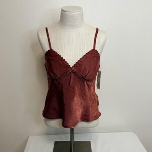 No Boundaries Babydoll Sz M Camisole Y2K Top‎ Rust Red Lace Trim Bow Detail